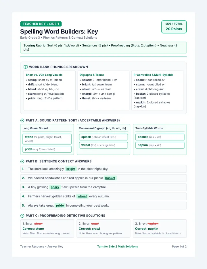 Spelling Sixes Answer Key