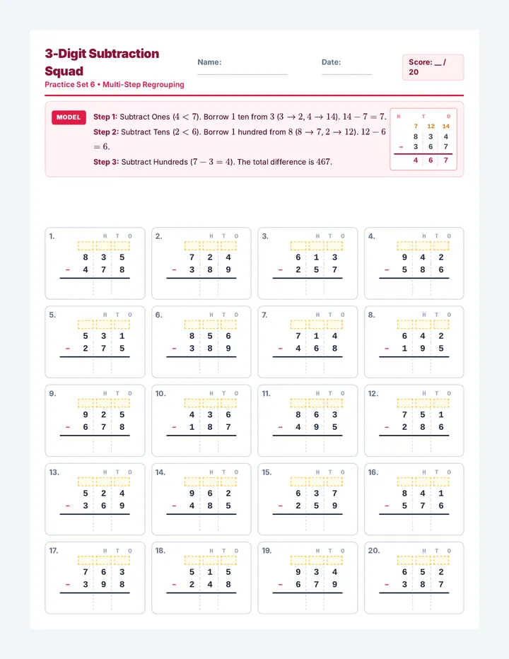 Subtraction Set Two Worksheet