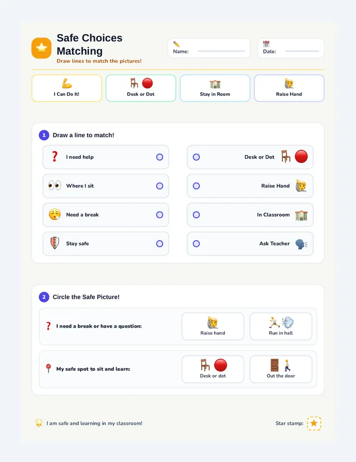 Safe Choices Matching Worksheet