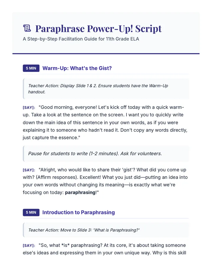 Paraphrase Power Up Script Guide