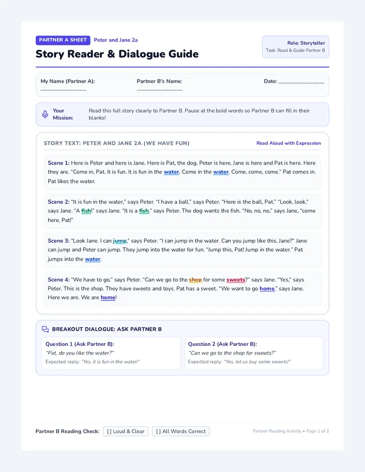 Partner Reading Dialogue Worksheet