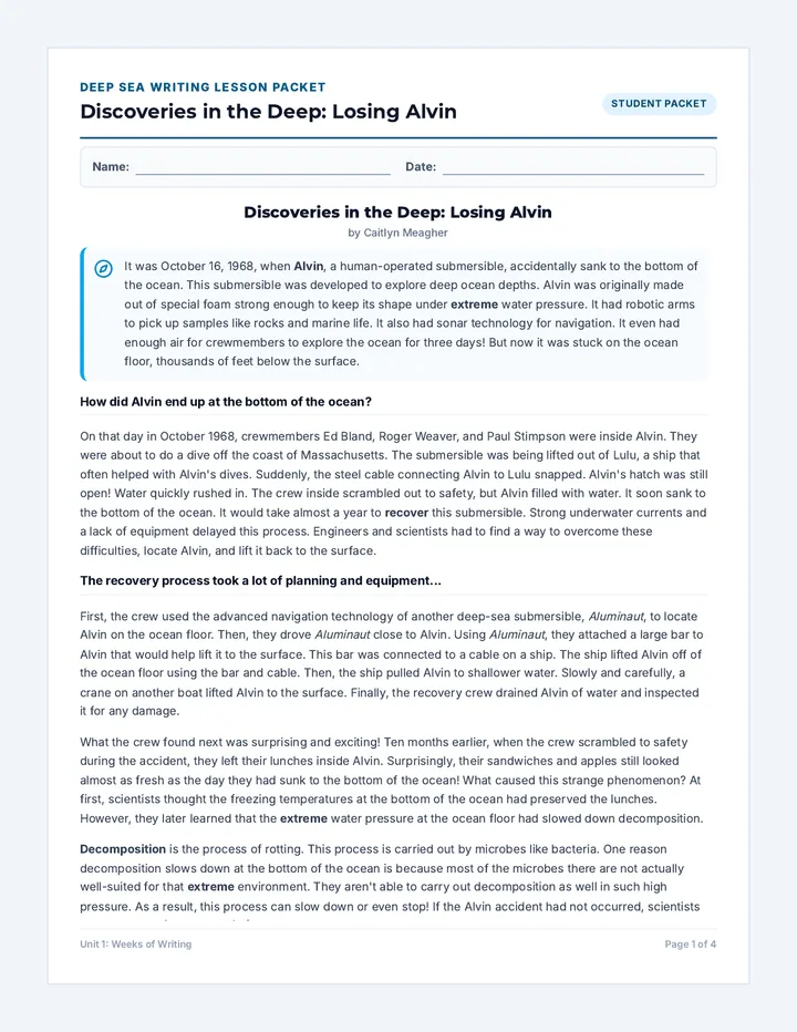 Deep Sea Writing Student Packet