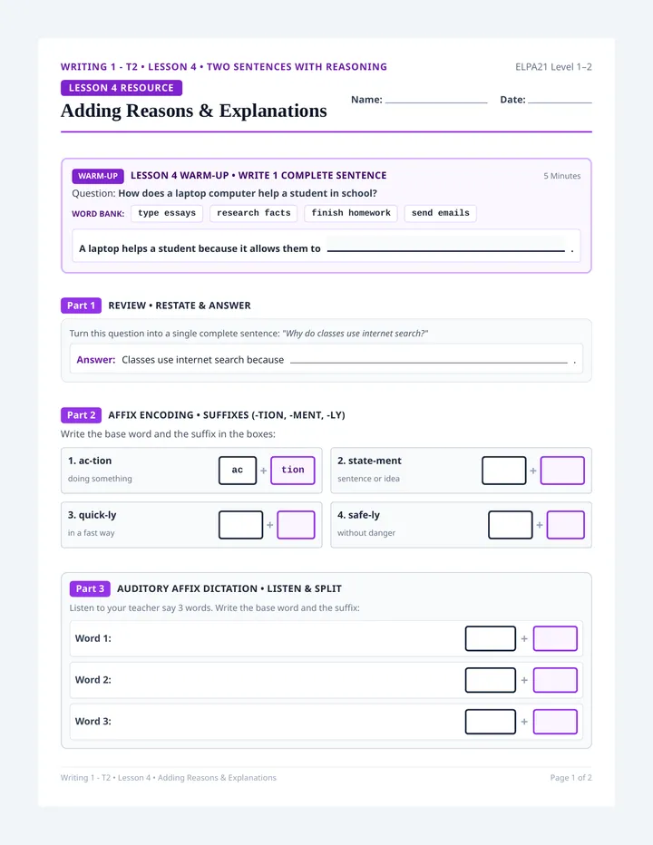 Adding Reasons Activity Sheet