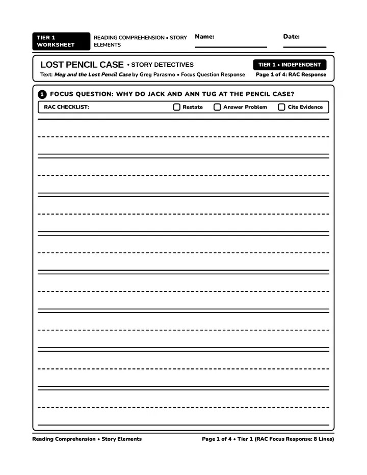 Pencil Case Tier 1 Worksheet