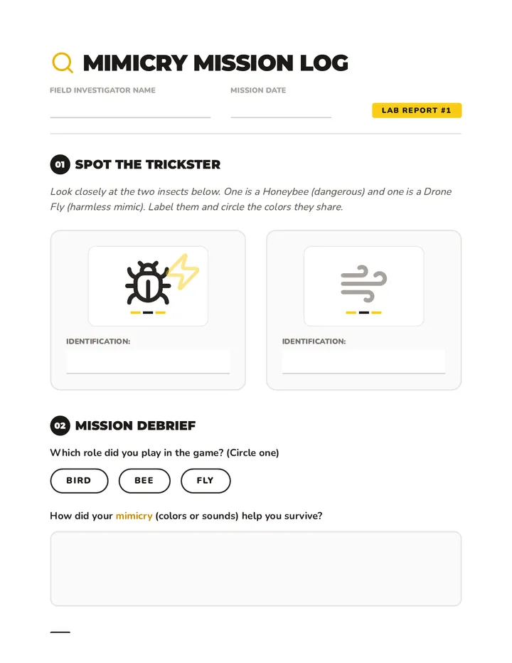 Mimicry Mission Log Worksheet