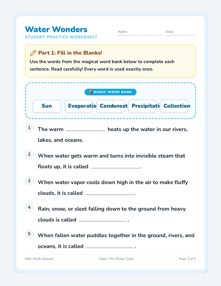 Water Wonders Practice Worksheet