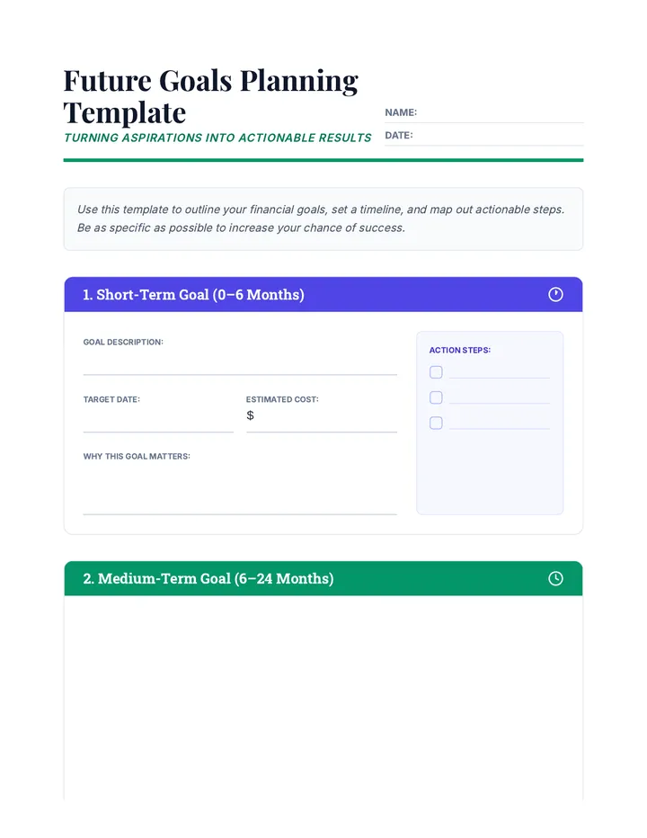 Future Goals Planning Template Worksheet