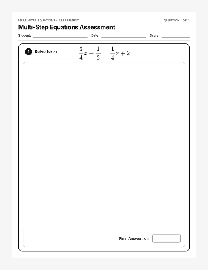 Multi Step Equations Assessment
