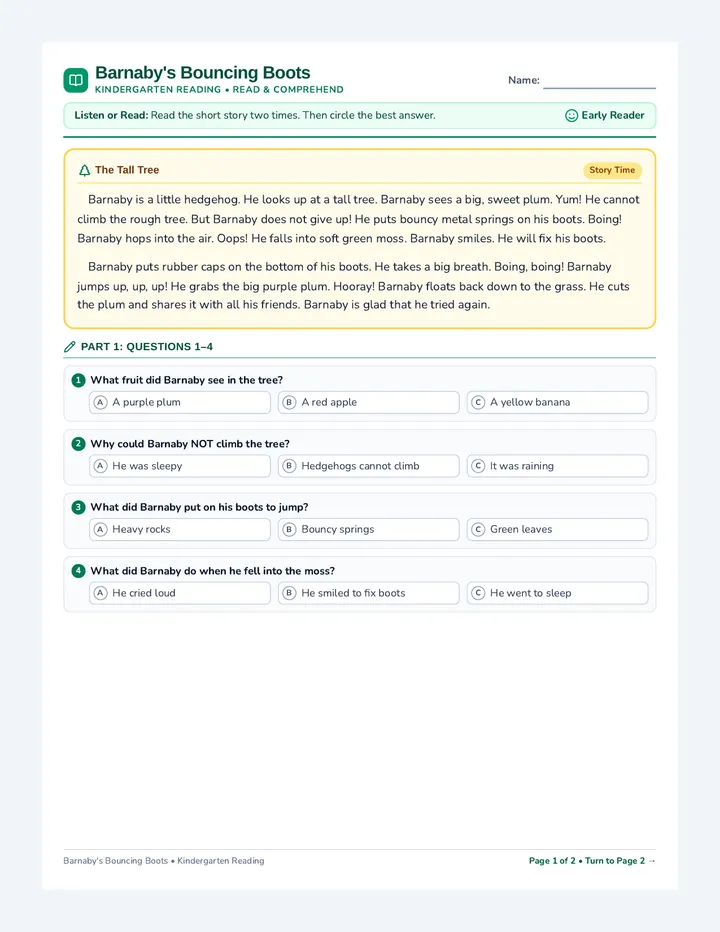 Bouncing Boots Reading Worksheet