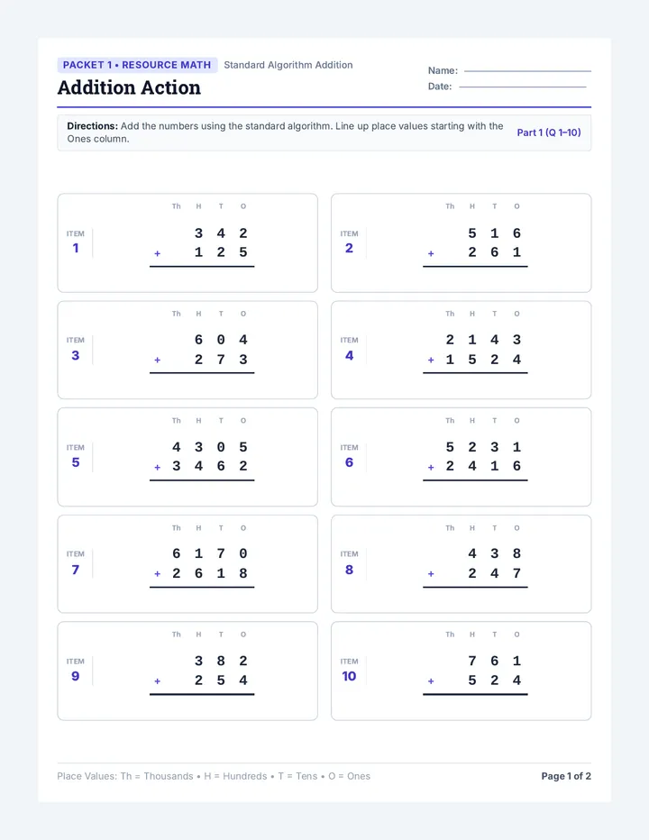 Addition Action Worksheet