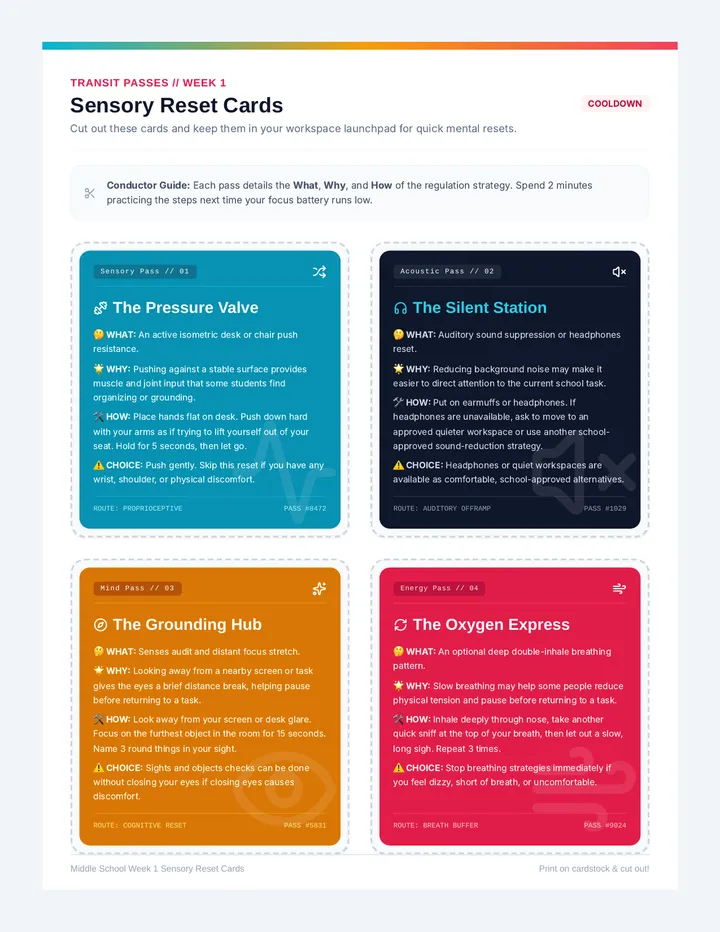 Middle School Week 1 Sensory Reset Cards