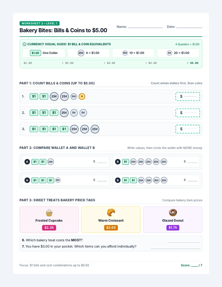 Small Bills and Coins Worksheet