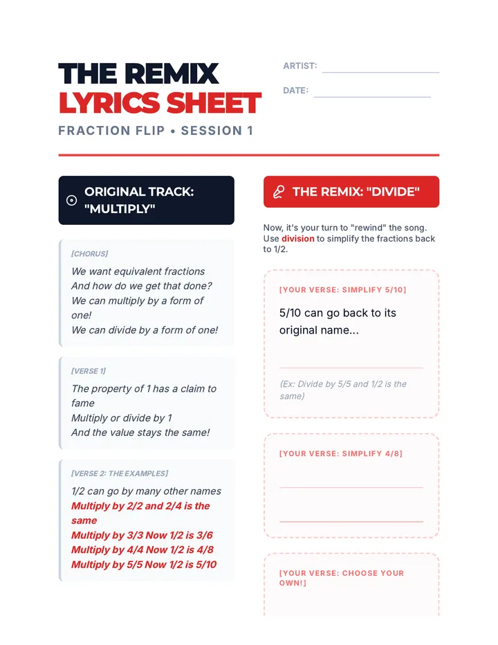 Fraction Flip Lyrics Sheet