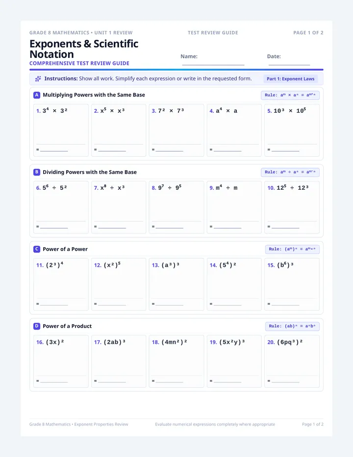Exponents Review Guide Worksheet