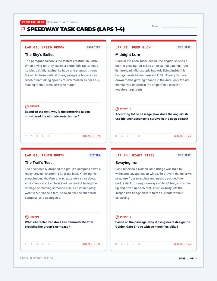 Speedway Task Cards