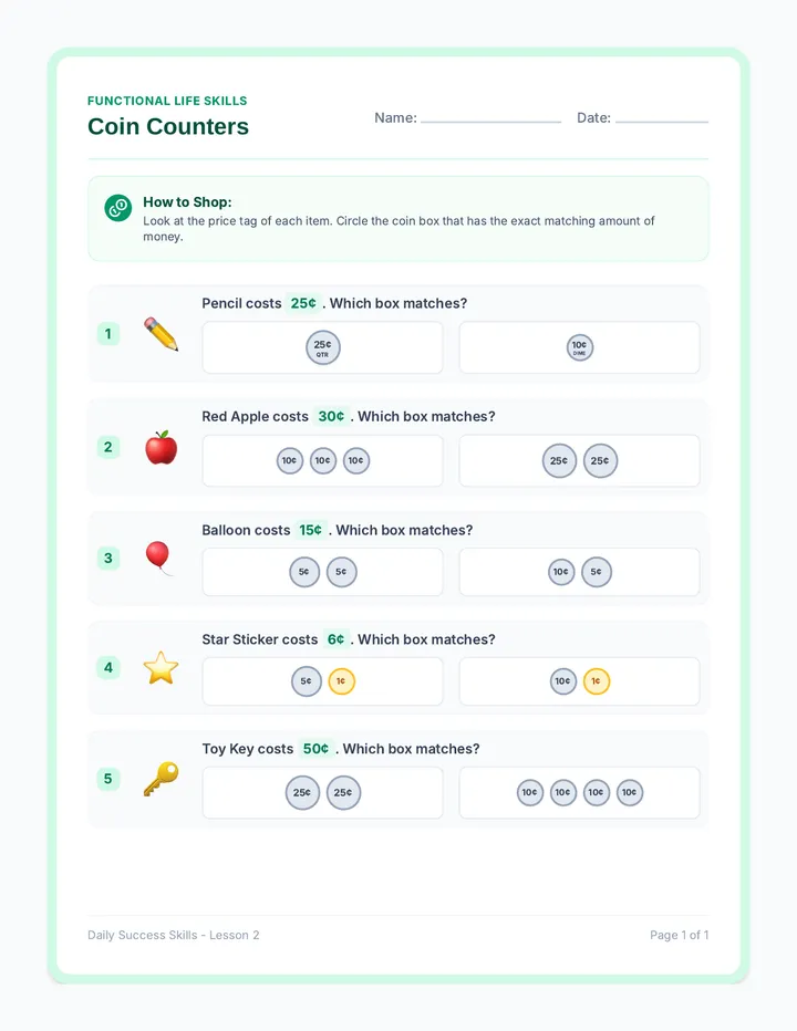 Coin Counters Worksheet