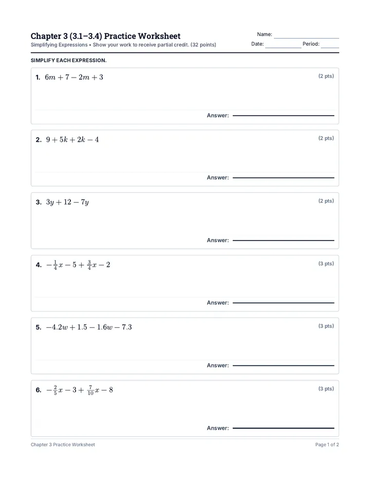 Simplifying Expressions Practice Worksheet