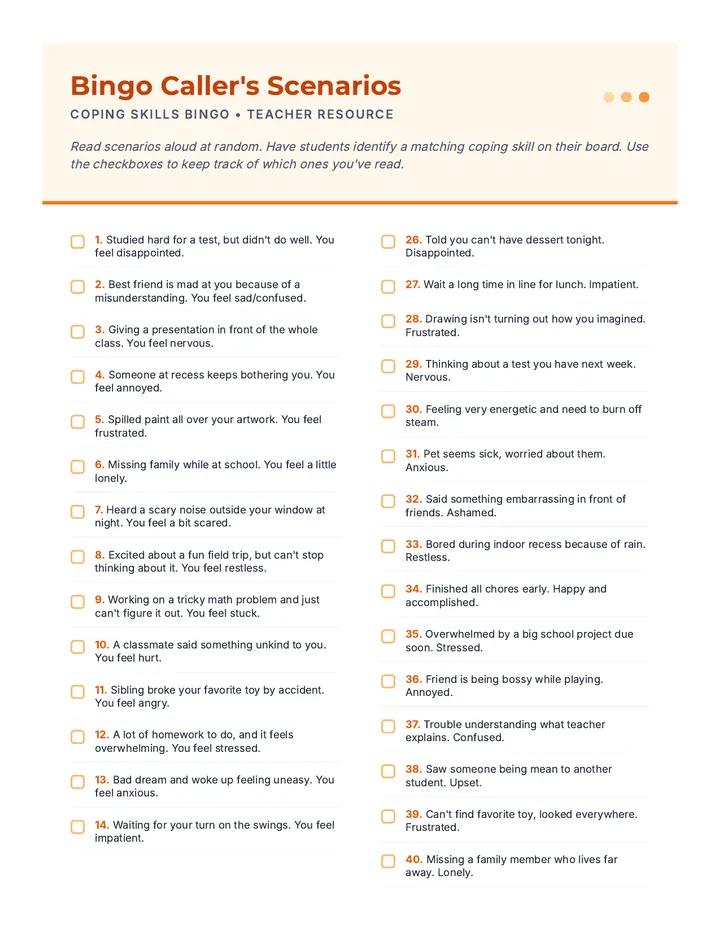 Bingo Caller Scenarios Teacher Resource
