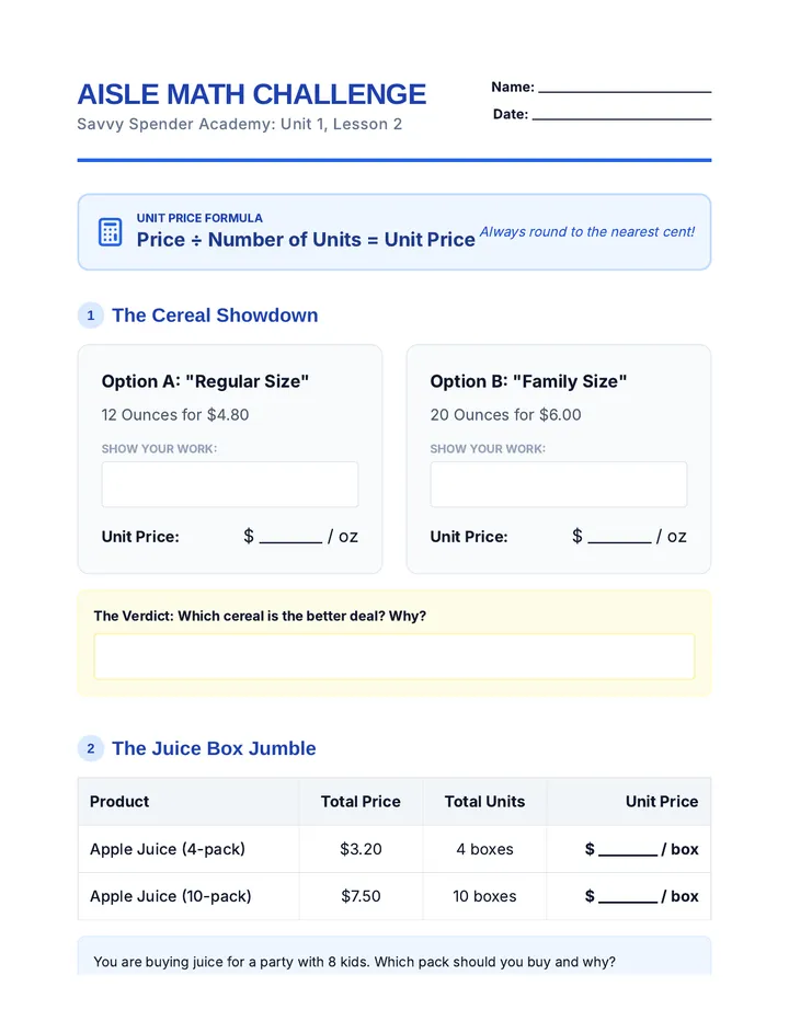 Aisle Math Challenge Worksheet