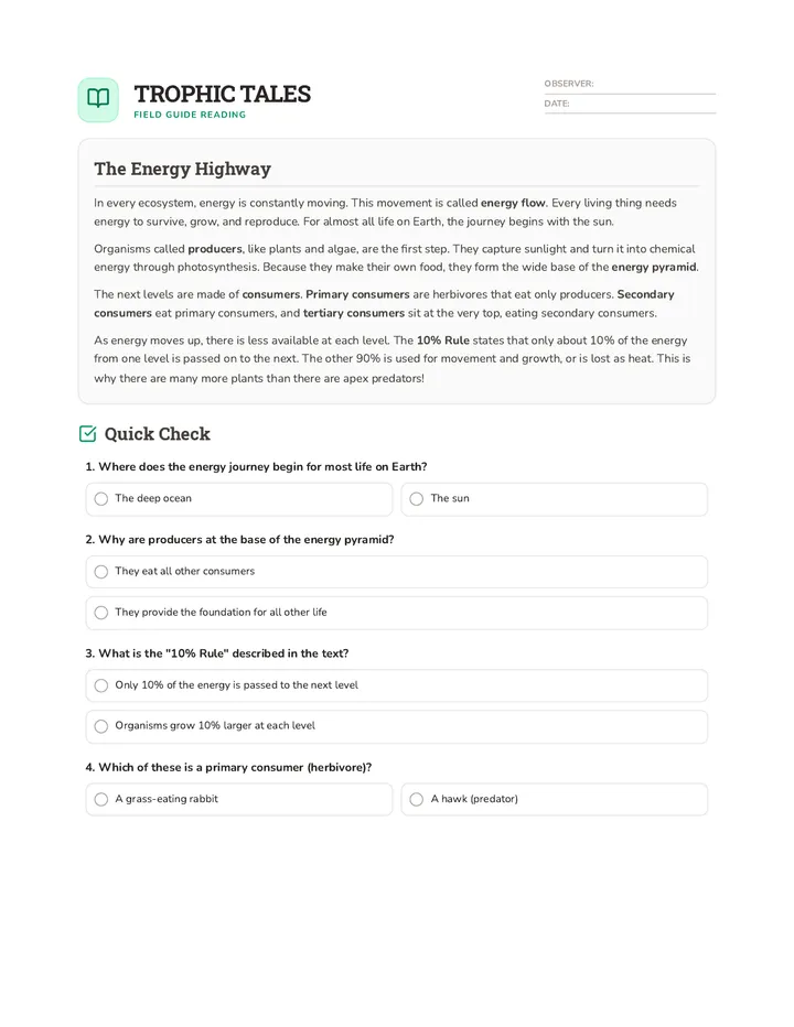 Trophic Tales Reading Worksheet