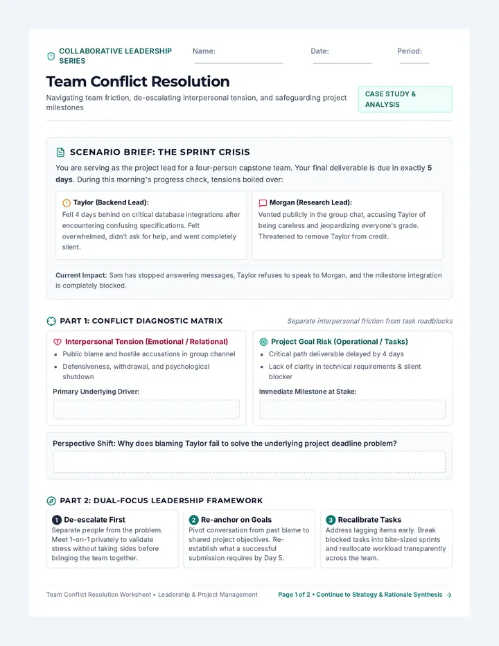 Team Conflict Resolution Worksheet