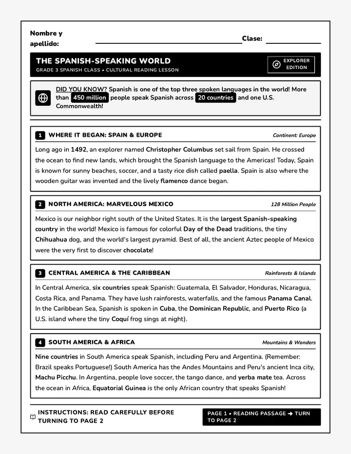 Spanish World Reading Worksheet