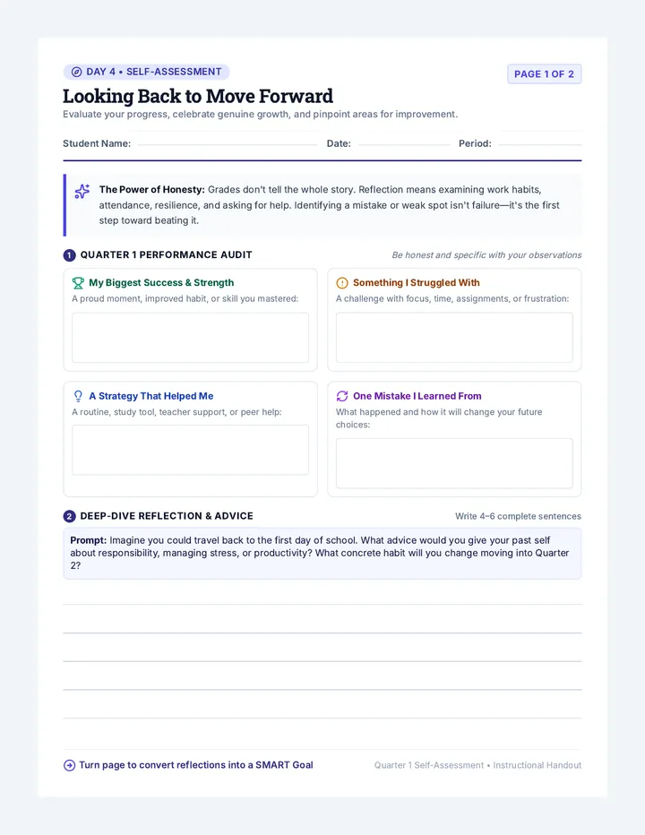 Quarter Reset Reflection Worksheet
