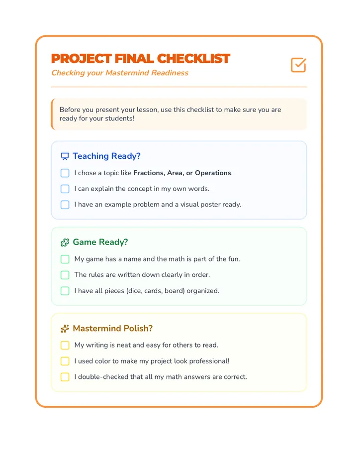 Math Mastermind Game Checklist