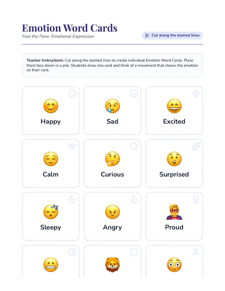 Emotion Word Cards Worksheet