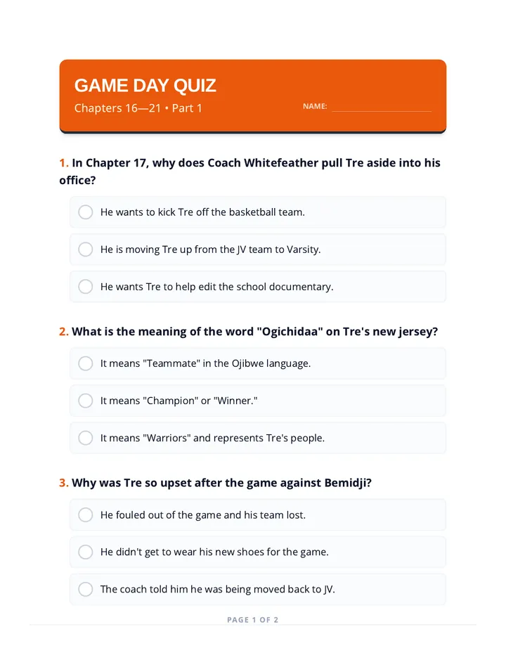 Game Day Quiz Worksheet