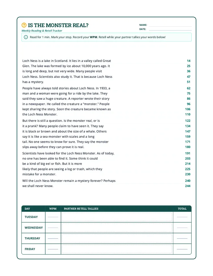 Monster Mystery Fluency Worksheet