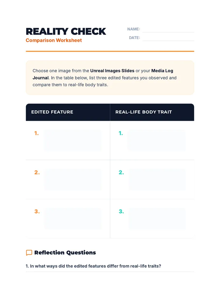 Reality Check Comparison Worksheet
