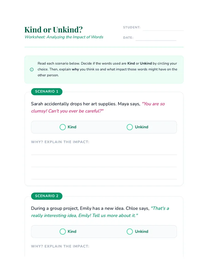 Kind or Unkind Worksheet