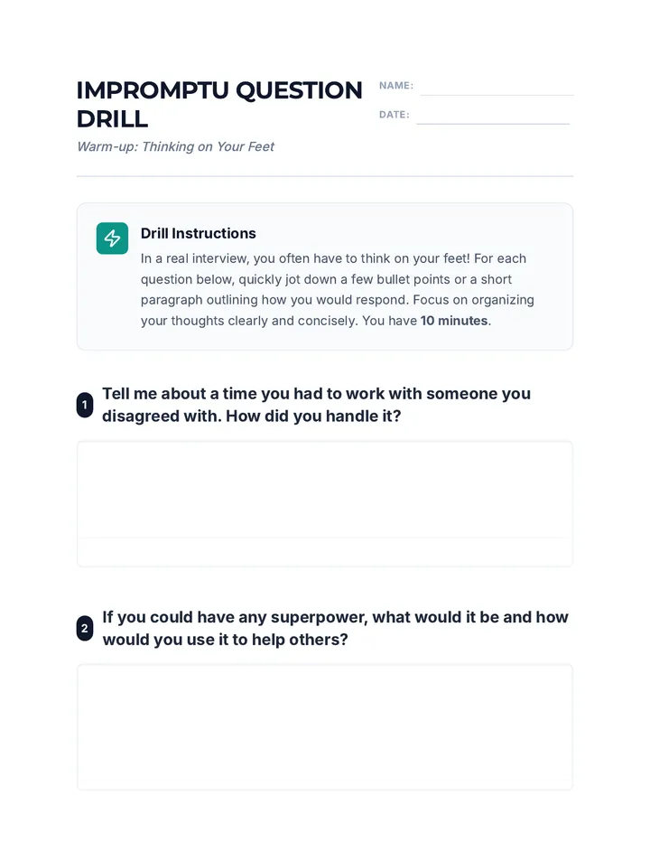Impromptu Question Drill Worksheet