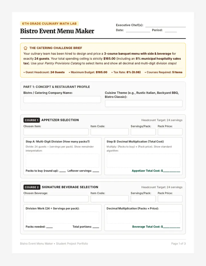 Menu Maker Worksheet