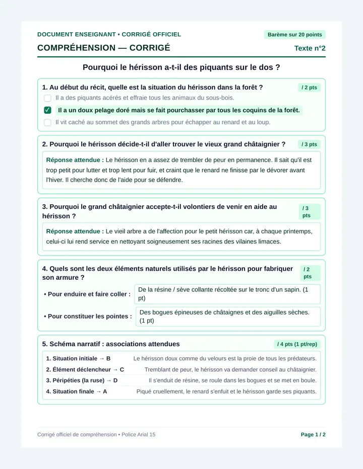 Herisson Comprehension Fiche Corrige