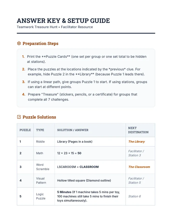 Treasure Hunt Answer Key