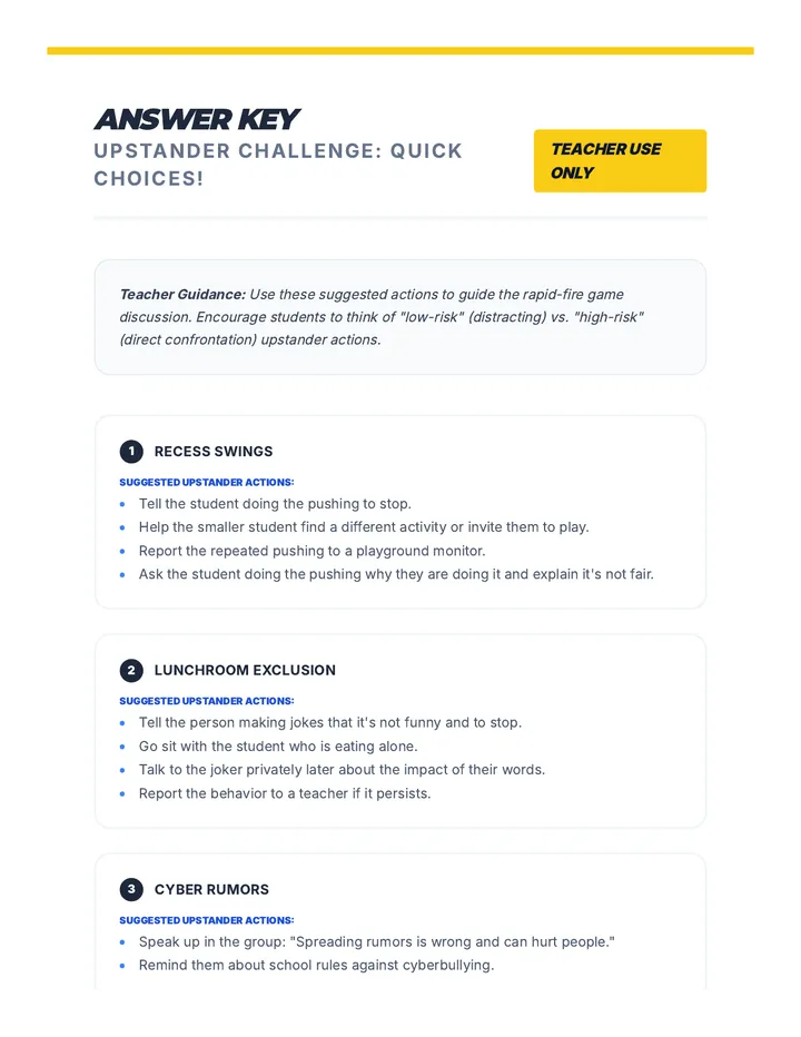 Upstander Challenge Game Answer Key