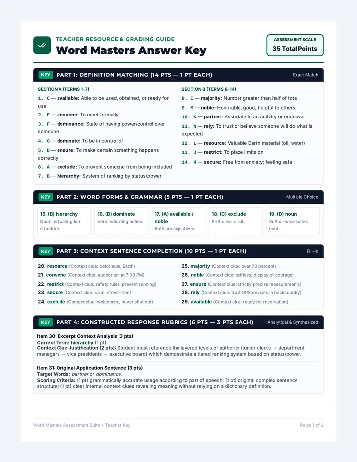 Word Masters Answer Key