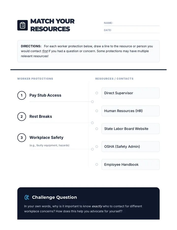 Rights-to-Resource Match Sheet Worksheet