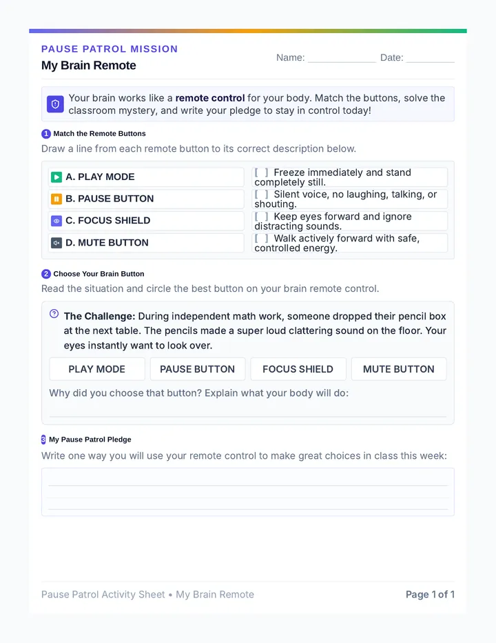 Pause Patrol Reflection Worksheet