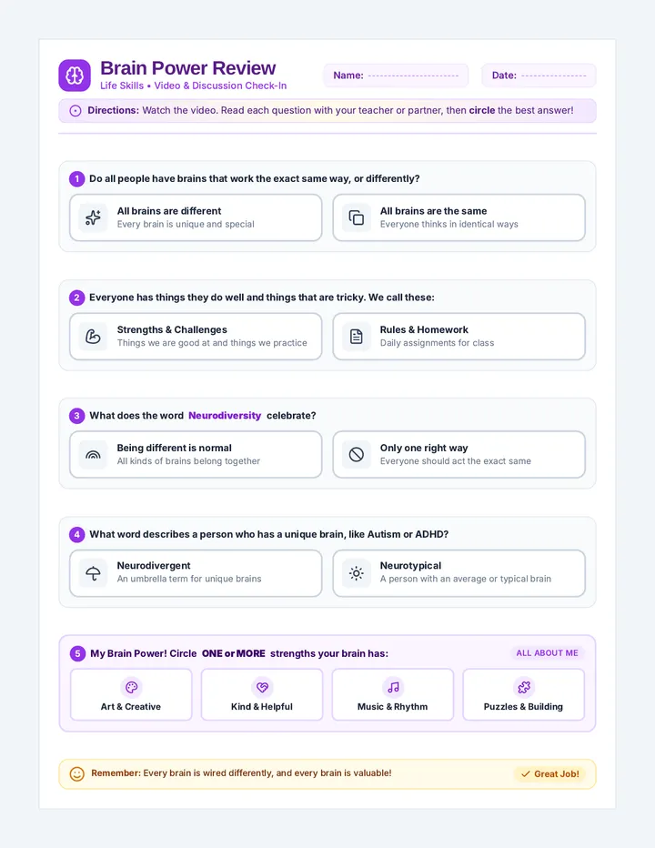 Brain Power Worksheet