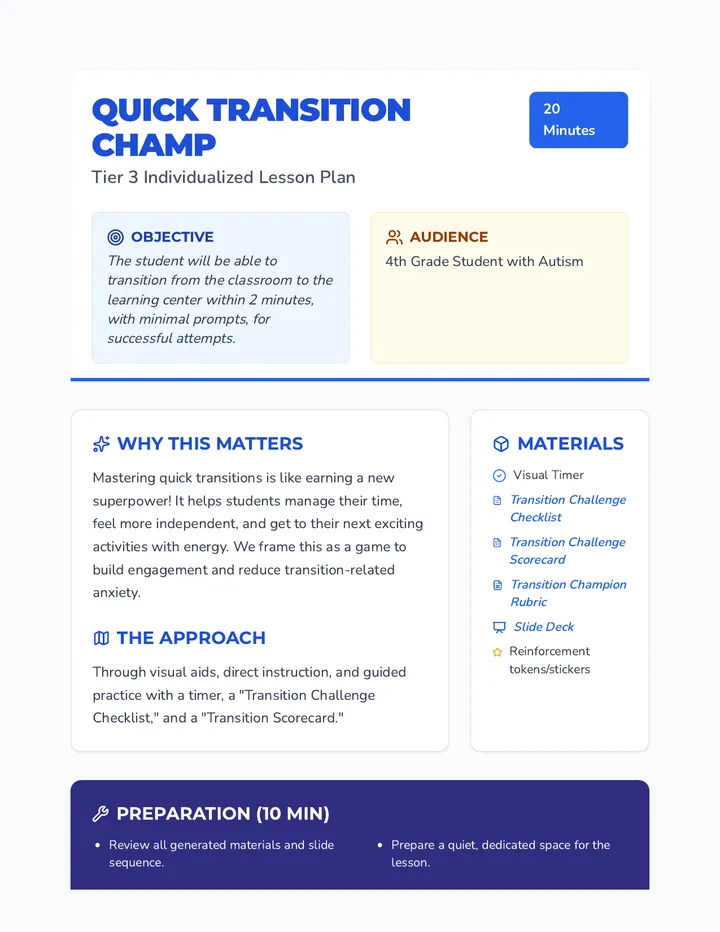 Quick Transition Champ Lesson Plan