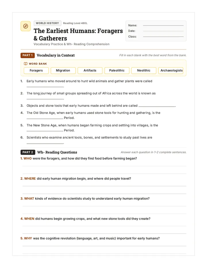 Early Humans Worksheet