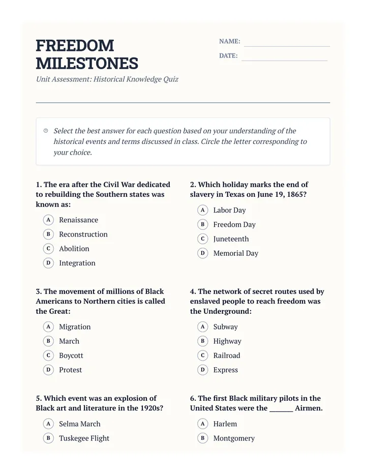 Freedom Milestones Quiz Worksheet