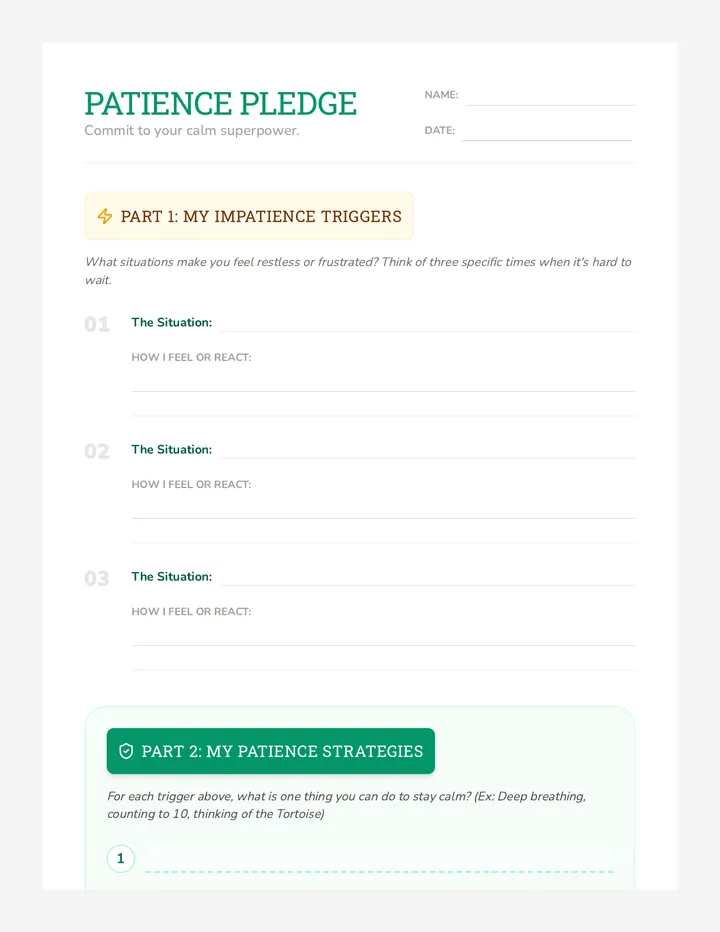 Patience Pledge Worksheet Student