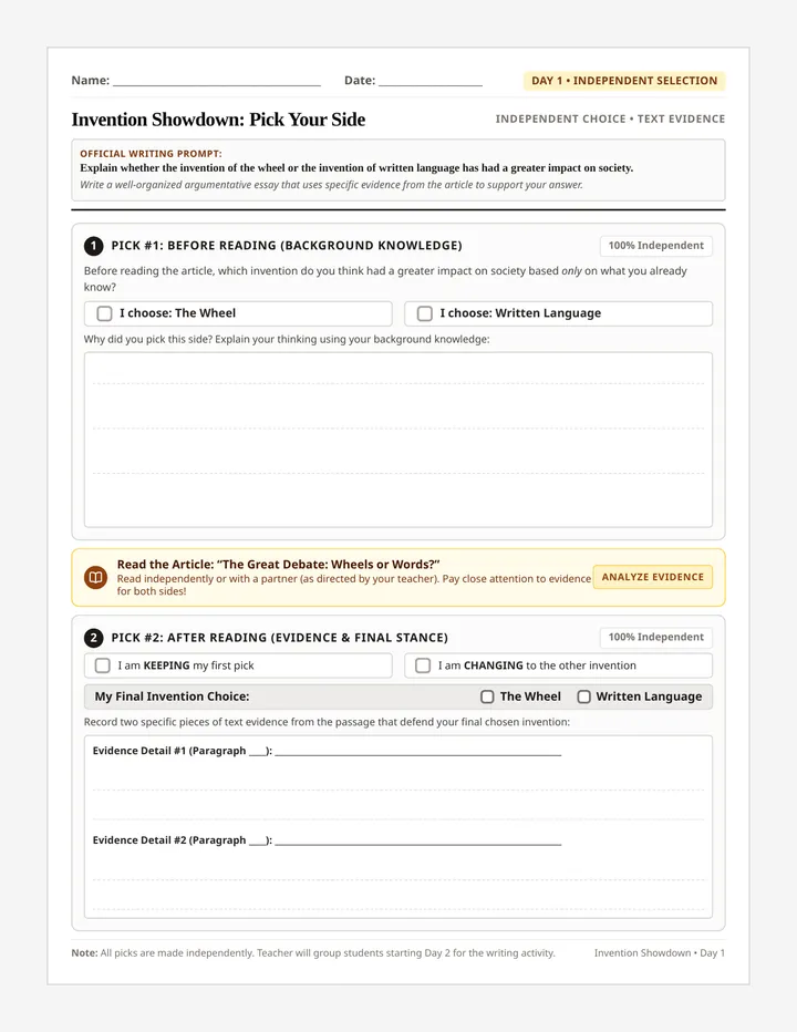 Pick Your Side Worksheet