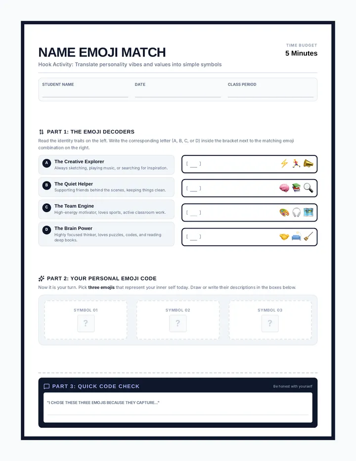 Name Emoji Match Sheet