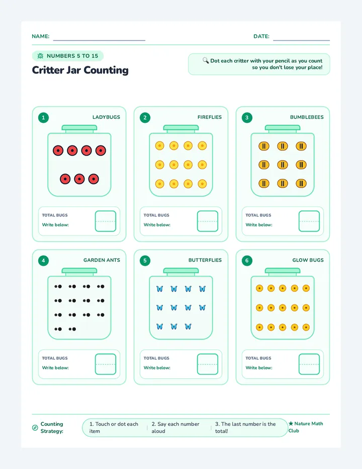 Critter Jar Counting Worksheet