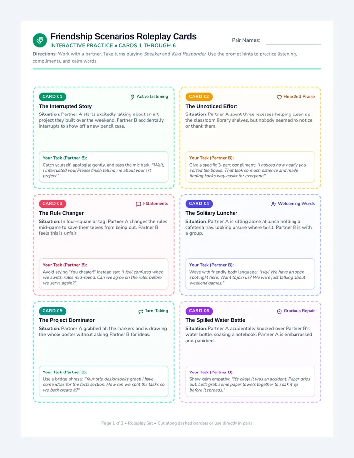 Friendship Scenarios Roleplay Cards